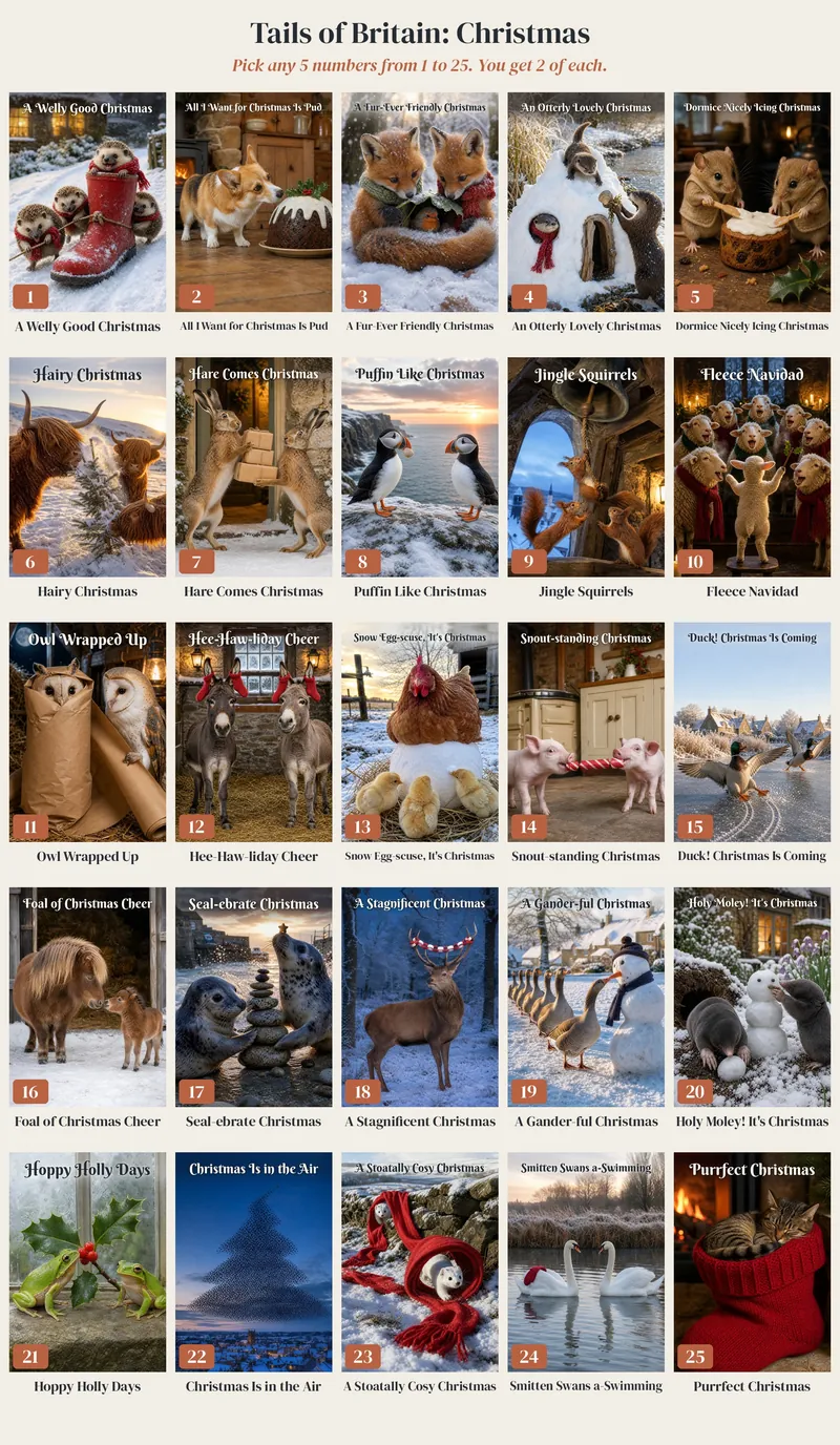 Chart of all 25 Tails of Britain Christmas card designs, numbered 1 to 25