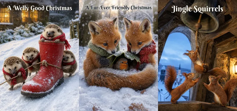 Three Tails of Britain Christmas cards: hedgehogs with a welly, fox cubs with a robin, and red squirrels ringing a bell