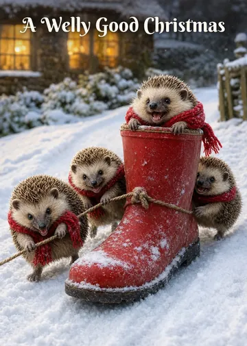 A Welly Good Christmas – Hedgehogs Christmas card: Four hedgehogs haul a red welly up the hill to use as a sledge.