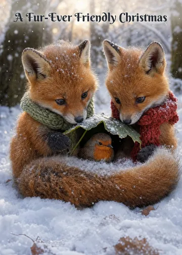 A Fur-Ever Friendly Christmas – Fox cubs and robin Christmas card: Two fox cubs shelter a tiny robin from the snowdrift.