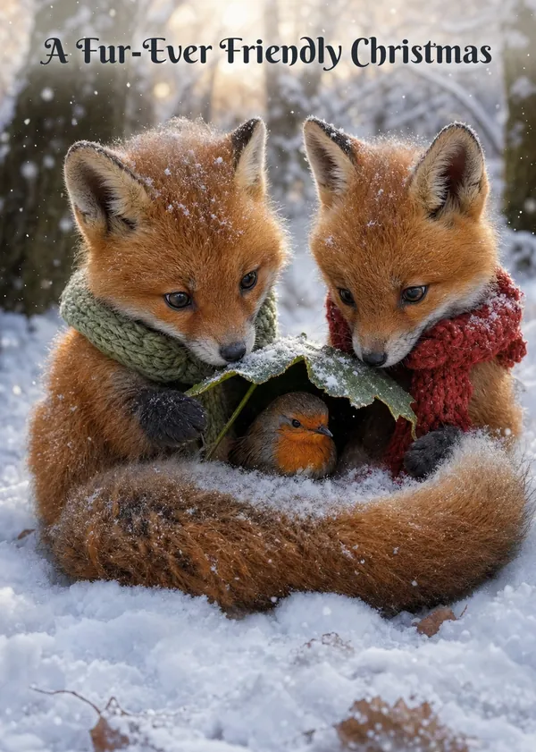 A Fur-Ever Friendly Christmas: Two fox cubs shelter a tiny robin from the snowdrift. Christmas card front