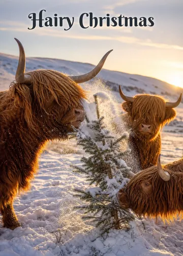 Hairy Christmas – Highland cattle Christmas card: A shaggy fringe keeps knocking over the tiny Christmas tree.