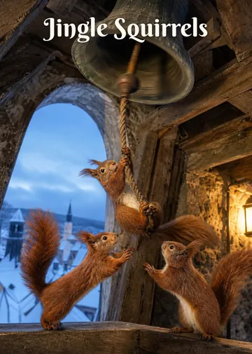 Jingle Squirrels – Red squirrels Christmas card: Red squirrels ring the village bell and one swings on the rope.