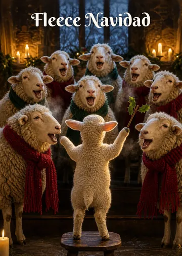 Fleece Navidad – Lamb and sheep choir Christmas card: A tiny lamb conducts the sheep choir with a holly twig.