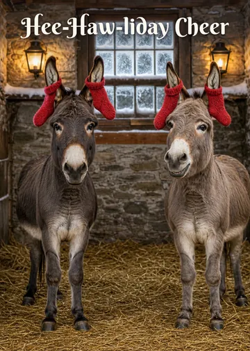 Hee-Haw-liday Cheer – Donkeys Christmas card: Donkeys hang the stockings on their long ears.