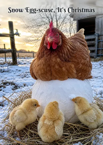 Snow Egg-scuse, It's Christmas – Hen Christmas card: A determined hen tries to hatch a giant snowball.