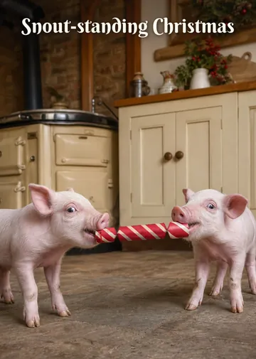 Snout-standing Christmas – Piglets Christmas card: Two piglets pull a Christmas cracker with their snouts.