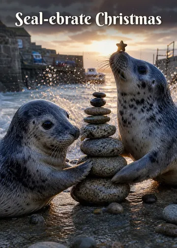 Seal-ebrate Christmas – Seal pups Christmas card: Seal pups build a wobbly pebble Christmas tree on the slipway.