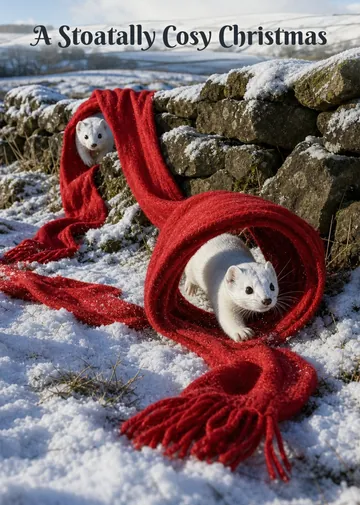 A Stoatally Cosy Christmas – Stoats Christmas card: Stoats in winter white chase each other through a long red scarf.