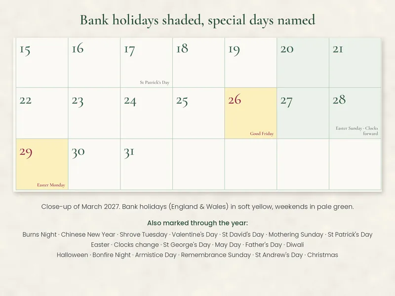 Close-up of a calendar month grid with bank holidays shaded