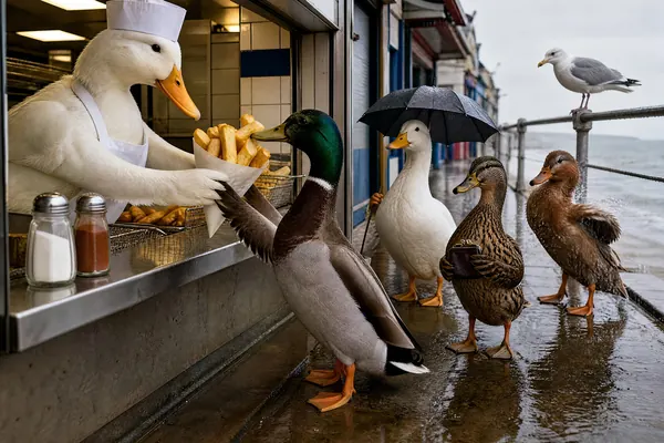 April in the Tails of Britain 2027 calendar: Ducks queue at a seaside chip shop in the rain while a seagull eyes up the chips.