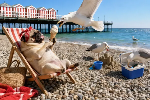 August in the Tails of Britain 2027 calendar: A pug in a deckchair on a pebble beach, with an ice cream and a seagull who has plans for it.