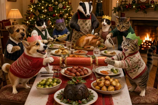 December in the Tails of Britain 2027 calendar: A badger carves the turkey while a corgi and a tabby cat tug at a cracker round a very full table.
