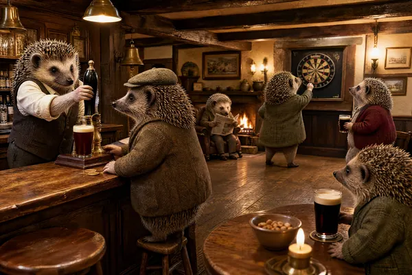 February in the Tails of Britain 2027 calendar: Hedgehogs settle in at a cosy old English pub: a pint being pulled, darts on the go and the fire lit.