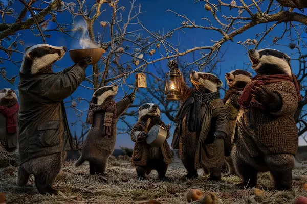 January in the Tails of Britain 2027 calendar: Badgers wassail the apple trees in a frosty orchard at dusk, lanterns lit and the wassail bowl raised.