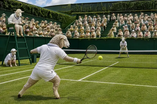 July in the Tails of Britain 2027 calendar: A sheep in tennis whites plays a forehand on the grass while a woolly crowd follows the ball.