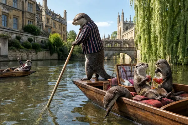 June in the Tails of Britain 2027 calendar: An otter in a striped blazer punts along the river in Cambridge while his friends relax with a drink.