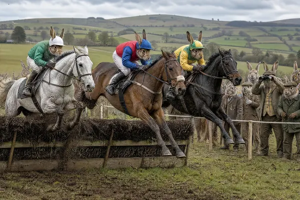 March in the Tails of Britain 2027 calendar: Hare jockeys in racing silks clear the last fence at a steeplechase, cheered on by a tweedy crowd.