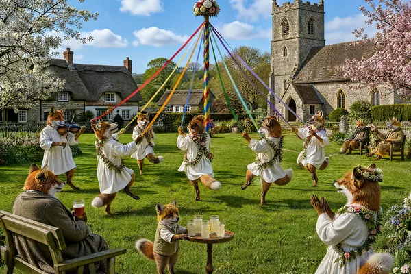 May in the Tails of Britain 2027 calendar: Foxes dance round the maypole on a village green, with a fiddler and blossom on the trees.