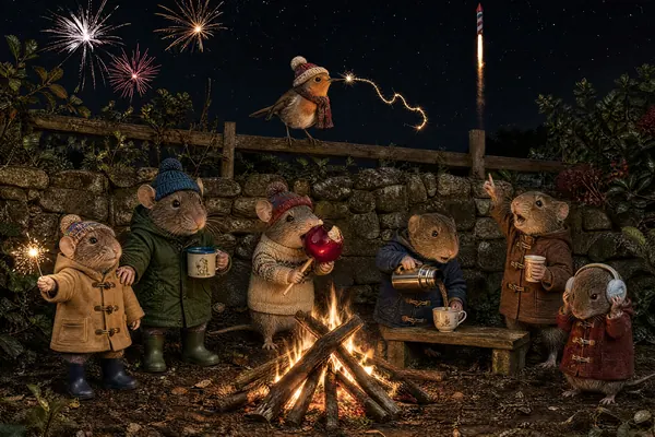 November in the Tails of Britain 2027 calendar: Mice gather round the bonfire with sparklers and hot chocolate as fireworks burst overhead.