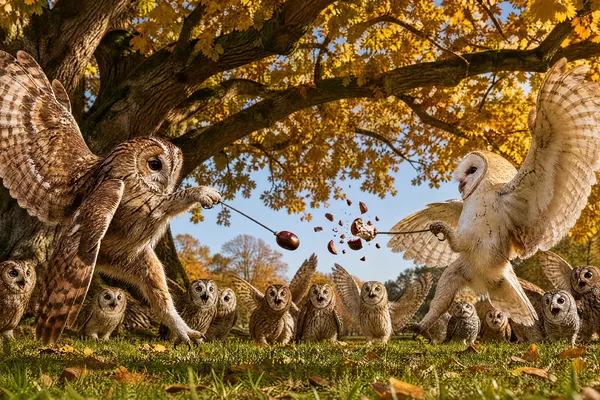 October in the Tails of Britain 2027 calendar: Owls play conkers under a horse chestnut tree as the owlets cheer and golden leaves fall.
