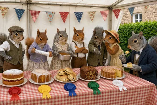 September in the Tails of Britain 2027 calendar: Squirrels wait nervously at the village show while the judge tastes the cakes.