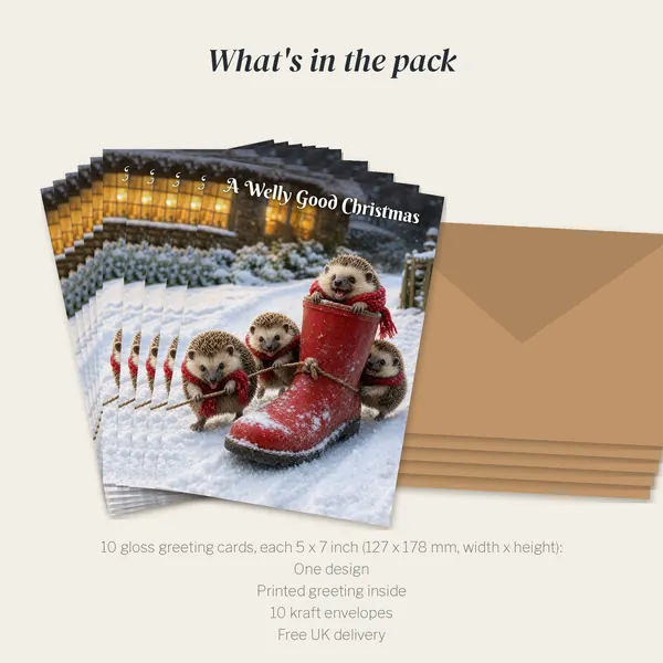 What is in the A Welly Good Christmas pack: 10 cards and 10 kraft envelopes
