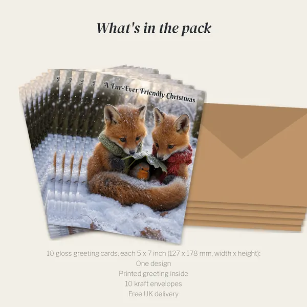 What is in the A Fur-Ever Friendly Christmas pack: 10 cards and 10 kraft envelopes