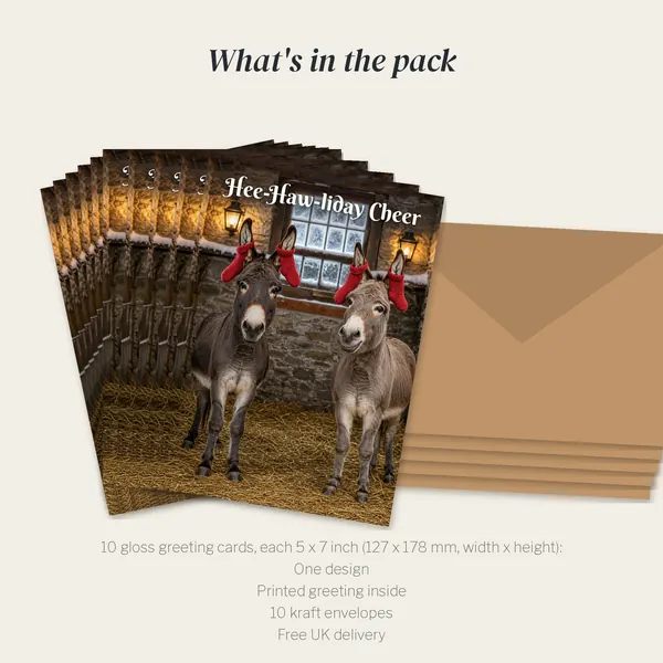 What is in the Hee-Haw-liday Cheer pack: 10 cards and 10 kraft envelopes