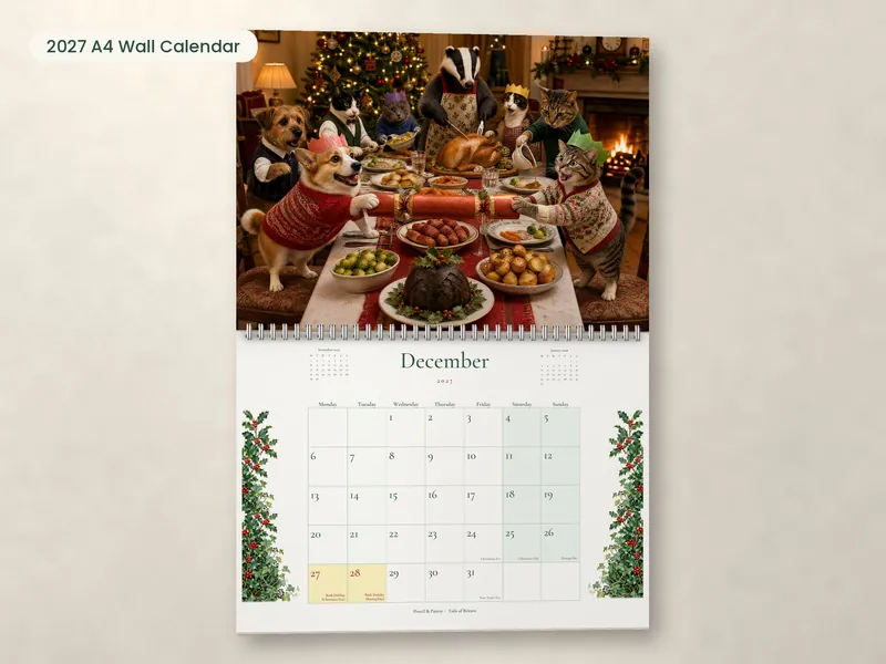 The Tails of Britain calendar hanging on a wall, open at December